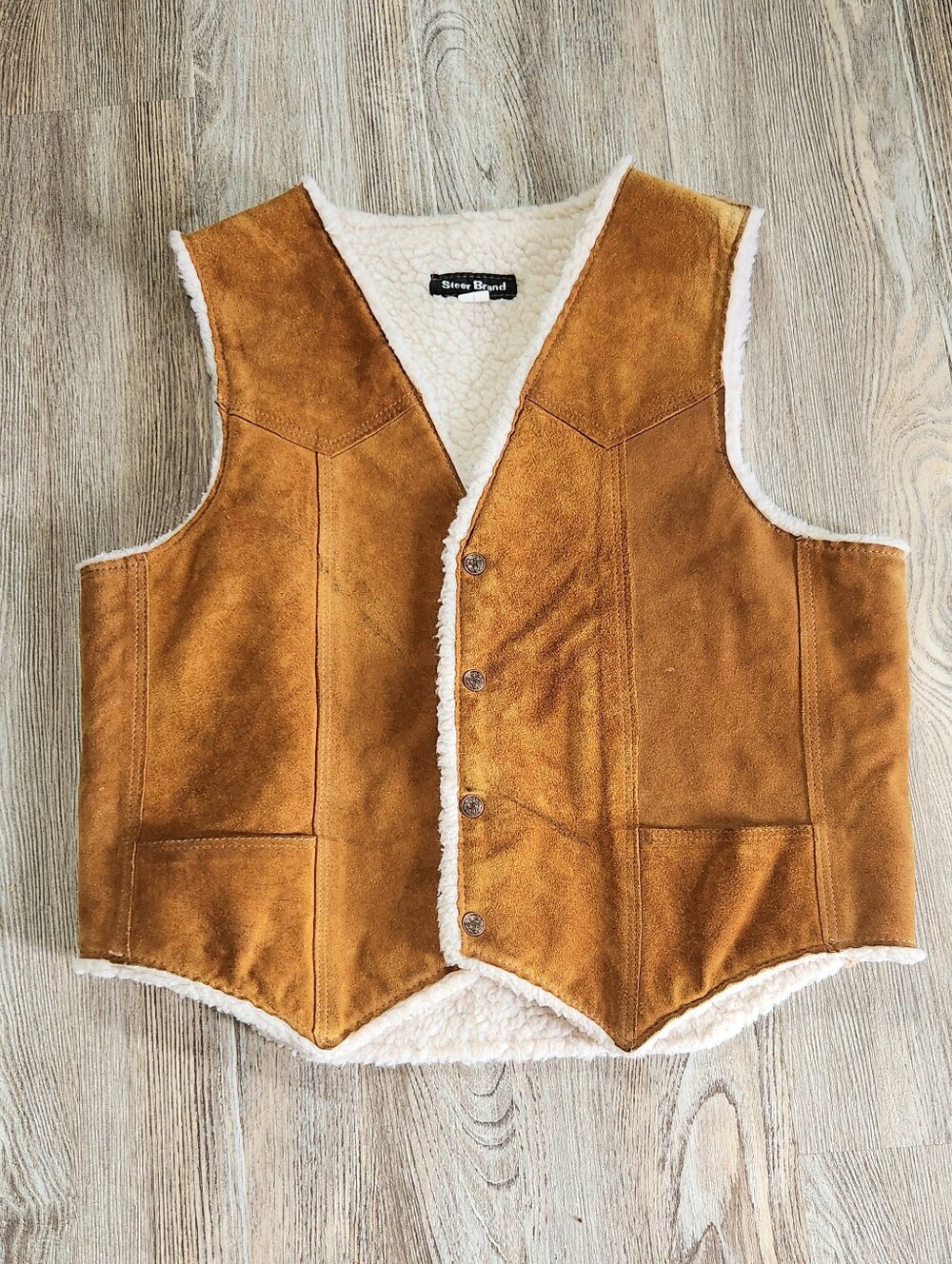 Vintage Steer Brand Camel Suede Sherpa Lined Vest Mens XL Rancher Outdoor 70s